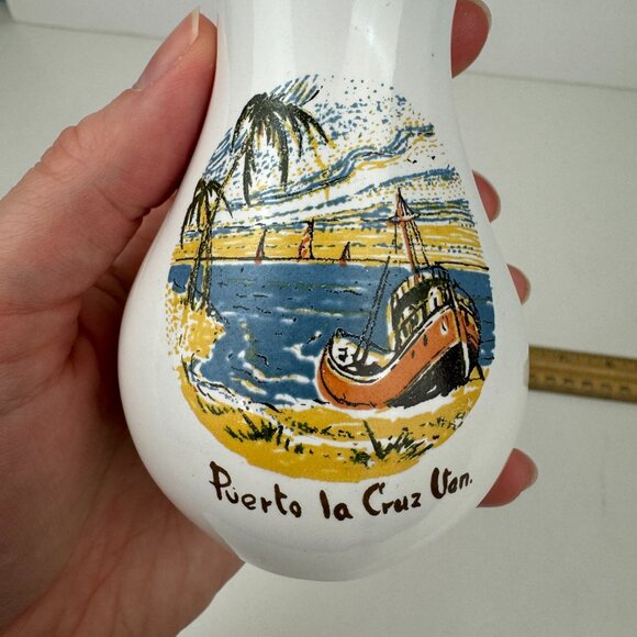 Vtg Puerto La Cruz Van Venezuela Souvenir Small Vase Ceramic Tabletop Gold Trim - Picture 4 of 13